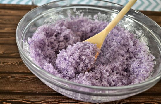 De-Stress Bath with lavender, and sugar and other ingredients in a bowl